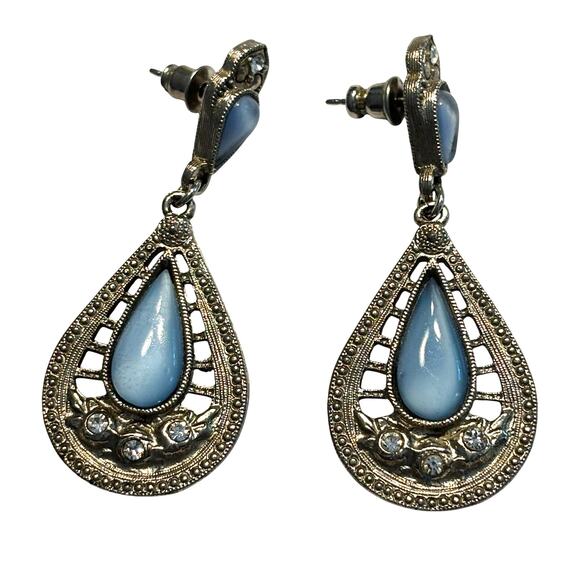 Pierced earrings drop & dangle silver teardrops & blue moonstone rhinestones - Picture 3 of 6
